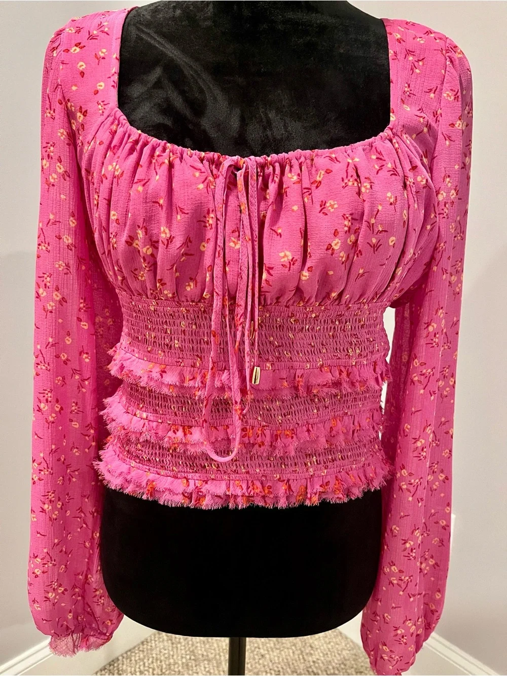 Free People Pink Floral Smocked Long-Sleeve Top- small